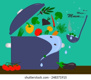 Recipe of vegetable soup, cooking dinner from a set of natural vegetarian products