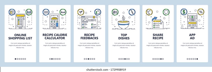 Recipe web site and mobile app onboarding screens. Menu banner vector template for website and application development. Recipe and shopping list app, online calorie calculator Thin line art flat style