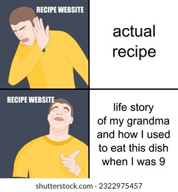 Recipe website problems. Food websites cooking issues. Funny meme for social media sharing.