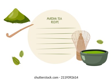 Recipe Write Template. Green Matcha tea, Background for recipe. Recipe card template with blank space for writing recipe. Culinary course poster concept. Vector for wall art decor, culinary school.