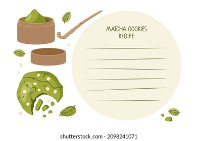 Plantilla de escritura de receta. Galletas Matcha, fondo para la receta. Plantilla de tarjeta de receta con espacio en blanco para escribir receta. El concepto de póster del curso culinario. Vector de decoración de arte mural, escuela culinaria.