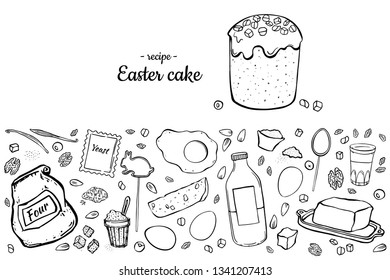 Recipe yummy Easter cake. Set objects for cooking  black outline on white background.