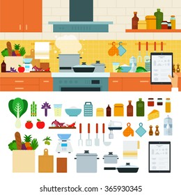 Recipes app vector flat illustration. Cooking at home using online recipes application. Products and dishes on the table in the kitchen. Food, utensils, tablet isolated on white background