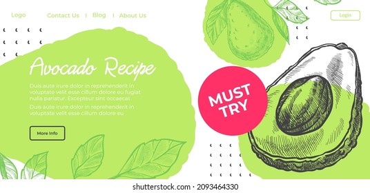 Rezepte mit Avocado-Produkten, Bio- und Naturgerichten. Blog mit Tipps und Ratschläge zum Kochen und Zubereitung gesunder nahrhafter Lebensmittel. Website- oder Landing-Page-Vorlage, Vektorgrafik in flachem Stil