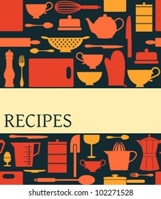 Recipes card with different kitchen accessories and a banner.