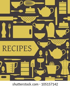 Recipes card with different kitchen accessories and a banner.