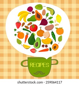 Recipes concept card with fruits and vegetables:  banana, mango, papaya, orange, lemon, strawberry, avocado,peach,spinach,carrots, beet, pepper,potatoes, onion, tomatoes and green peas