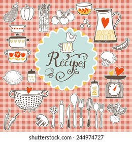 Recipes concept card. Vintage kitchen set in vector. Stylish design elements: pepper-box, fork, spoon, bowl, pan, scales, colander, knife and others