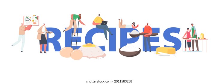 Recipes Concept. Characters Cooking Food. Men and Women Mixing Ingredients Eggs, Butter and Flour for Cooking Meals and Fresh Bakery Poster, Banner or Flyer. Cartoon People Vector Illustration