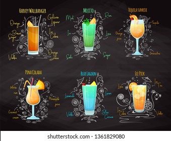 Recipes for different cocktails. Mojito, Pina Colada, Blue Lagoon and others. Vector illustration