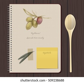 Recipes notebook and olives hand drawn: "Hojiblanca" Spanish olive variety