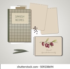 Recipes notebook and olives hand drawn: "Picual" Spanish olive variety