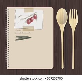 Recipes notebook and olives hand drawn: "Picudo" Spanish olive variety