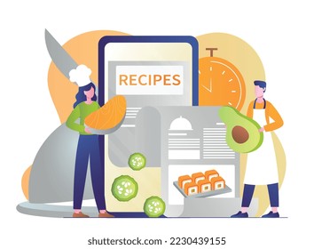 Concepto de recetas en línea. Las mujeres en el sombrero de chefs con verduras y frutas. Vitaminas y elementos útiles, alimentación saludable y vegetariana. Metáfora de preparación de ensaladas. Dibujo vectorial plano de dibujos animados