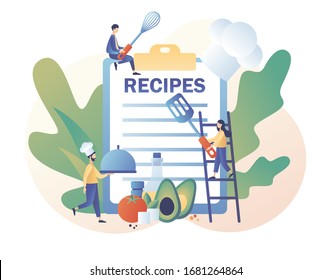 Recipes online. Professional chef holding dish. Ingredients list concept. Tiny People read recipe book and сook in сhef сap. Modern flat cartoon style. Vector illustration on white background