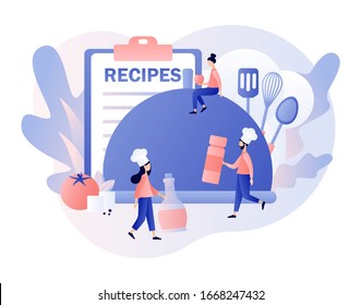 Recipes online. Tiny people cook in сhef cap. Ingredients list concept. Food blogging. Modern flat cartoon style. Vector illustration on white background