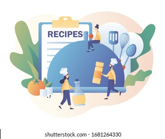 Recipes online. Tiny people cook in сhef cap. Ingredients list concept. Food blogging. Modern flat cartoon style. Vector illustration on white background