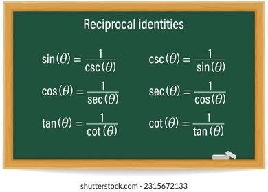 Reciprocal Identities. Trigonometry Formula on a green chalkboard. School. Math. Vector illustration. 