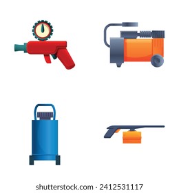 Iconos del compresor de contraposición establecen el vector de dibujos animados. Compresor de aire de alta presión. Equipo industrial