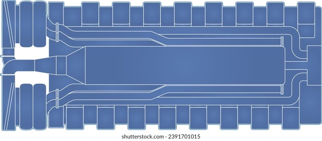 "Reciprocating internal combustion engine blueprint drawing showing a sixteen (16) cylinder in a v-configuration with intake, exhaust, and turbochargers