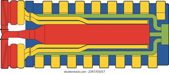 "Reciprocating internal combustion engine color drawing showing a sixteen (16) cylinder in a v-configuration with intake, exhaust, and turbochargers