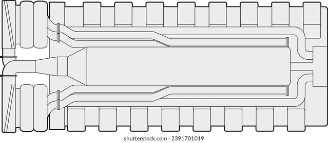 "Reciprocating internal combustion engine drawing showing a sixteen (16) cylinder in a v-configuration with intake, exhaust, and turbochargers