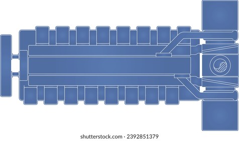 Reciprocating internal combustion engine drawing showing a sixteen (16) cylinder in a v-configuration with intake, exhaust, and turbochargers