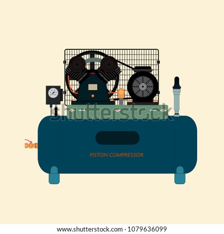 Reciprocating piston air compressor, energy machine for compressing and supplying air or gas under pressure. Automated technical equipment.