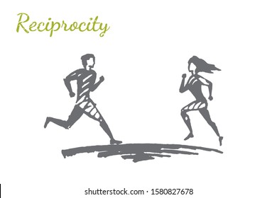 Reciprocity - vector relationship concept sketch, hand drawn illustration. Joyful lovers man and woman run towards each other.