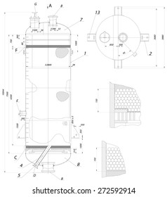 Recirculation column sketch. Engineering drawing with lines and numbers. Vector image
