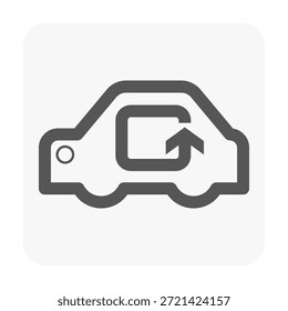 Recirculation icon, illustrates airflow inside vehicle, shown as  swirling arrow circulating through car interior. Representing automotive ventilation, cabin air system, climate control graphics.
