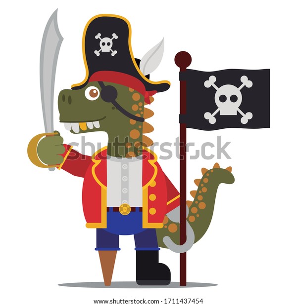 無謀な恐竜の海賊版には サーベルと黒い海賊旗を持つ爪がついています 漫画のスタイル ベクターイラスト フラットデザインスタイル のベクター画像素材 ロイヤリティフリー