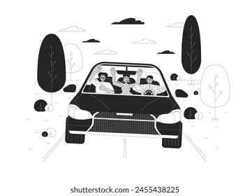 Reckless driving black and white cartoon flat illustration. Diverse friends riding vehicle with rules violation 2D lineart characters isolated. Road accident monochrome scene vector outline image