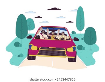 Reckless driving line cartoon flat illustration. Diverse friends riding vehicle with rules violation 2D lineart characters isolated on white background. Road accident danger scene vector color image