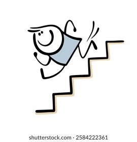 Reckless stickman runs merrily down the stairs. Vector illustration of  doodle child jumping up the stairs, in  hurry. Isolated funny character on white background.