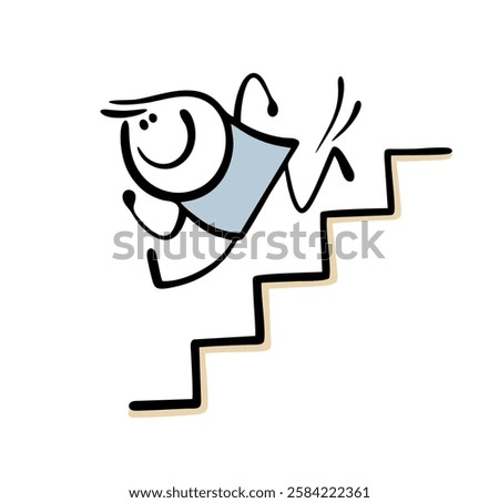 Reckless stickman runs merrily down the stairs. Vector illustration of  doodle child jumping up the stairs, in  hurry. Isolated funny character on white background.
