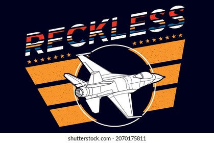 Arte de palabras sin sentido con moderno avión de combate a reacción, estrellas y alas con azul marino al fondo. Ideal para camisetas y sellos. Ilustrador de vectores