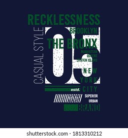 recklessness text graphic typography design t shirt vector illustration, casual sport, denim vintage