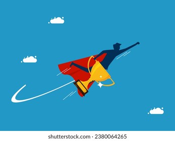 Reclaim victory. Businessman hero holding a trophy soaring in the sky