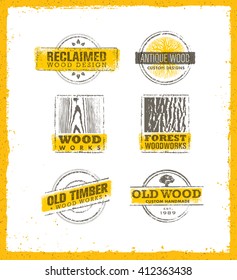 Reclaimed Wood Design Elements. Sawmill Rustic Labels and Stamps. Artisan Rough Vector Concept On Grunge Background.