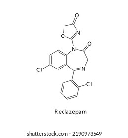 Reclazepam molecule flat skeletal structure, Benzodiazepine class drug used as Sedative, hypnotic agent. Vector illustration on white background.