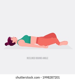 Reclined Bound Angle Yoga pose. Young woman practicing yoga  exercise. Woman workout fitness, aerobic and exercises. Vector Illustration.