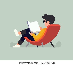 Reclined man reading a book in a lounge chair. Chill out time with a good story concept vector illustration