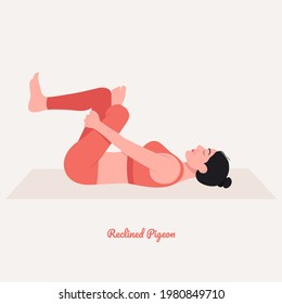 Reclined Pigeon Yoga Pose. Young Woman Practicing Yoga  Exercise. Woman Workout Fitness, Aerobic And Exercises. Vector Illustration.