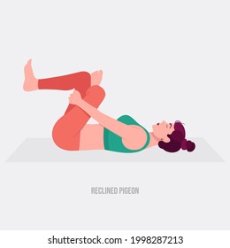 Reclined Pigeon Yoga Pose. Young Woman Practicing Yoga  Exercise. Woman Workout Fitness, Aerobic And Exercises. Vector Illustration.