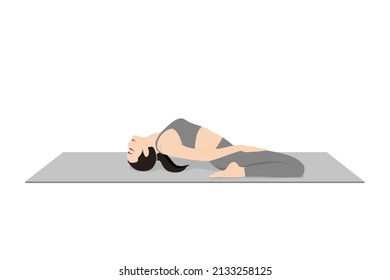 Reclined Thunderbolt Pose. Beautiful girl practice Supta Vajrasana. Young attractive woman practicing yoga exercise. working out, black wearing sportswear, grey pants and top, indoor full length, calm