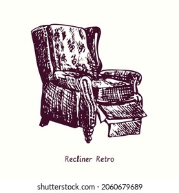 Recliner Retro Chair. Ink  doodle drawing with inscription