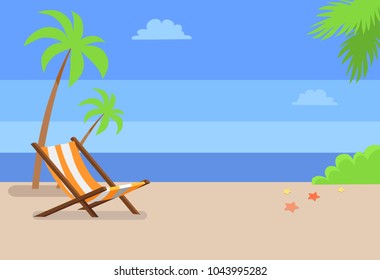 Recliner under tall palms at empty sandy beach. Tropical beach of hot country with recliner and deep blue sea on horizon cartoon vector illustration.