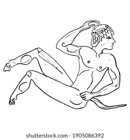 Reclining ancient Greek satyr. Hand drawn linear doodle ink sketch. Black silhouette on white background.