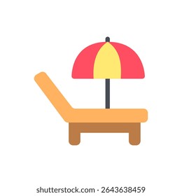 A reclining beach chair under a large umbrella, styled in flat tones. Suitable for relaxation visuals, resort ads, or holiday graphics.